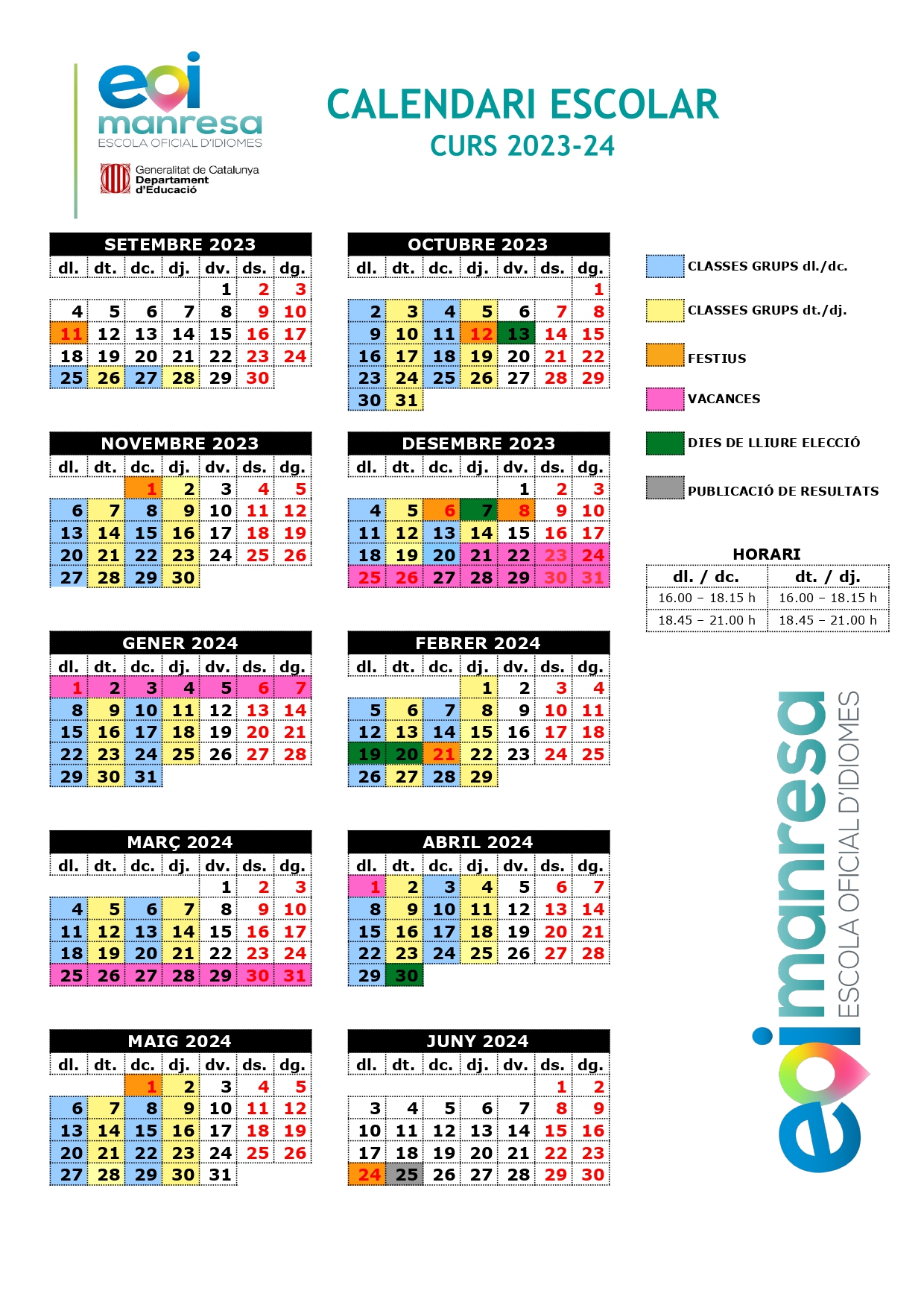 Calendari escolar 2023-24 EOI Manresa