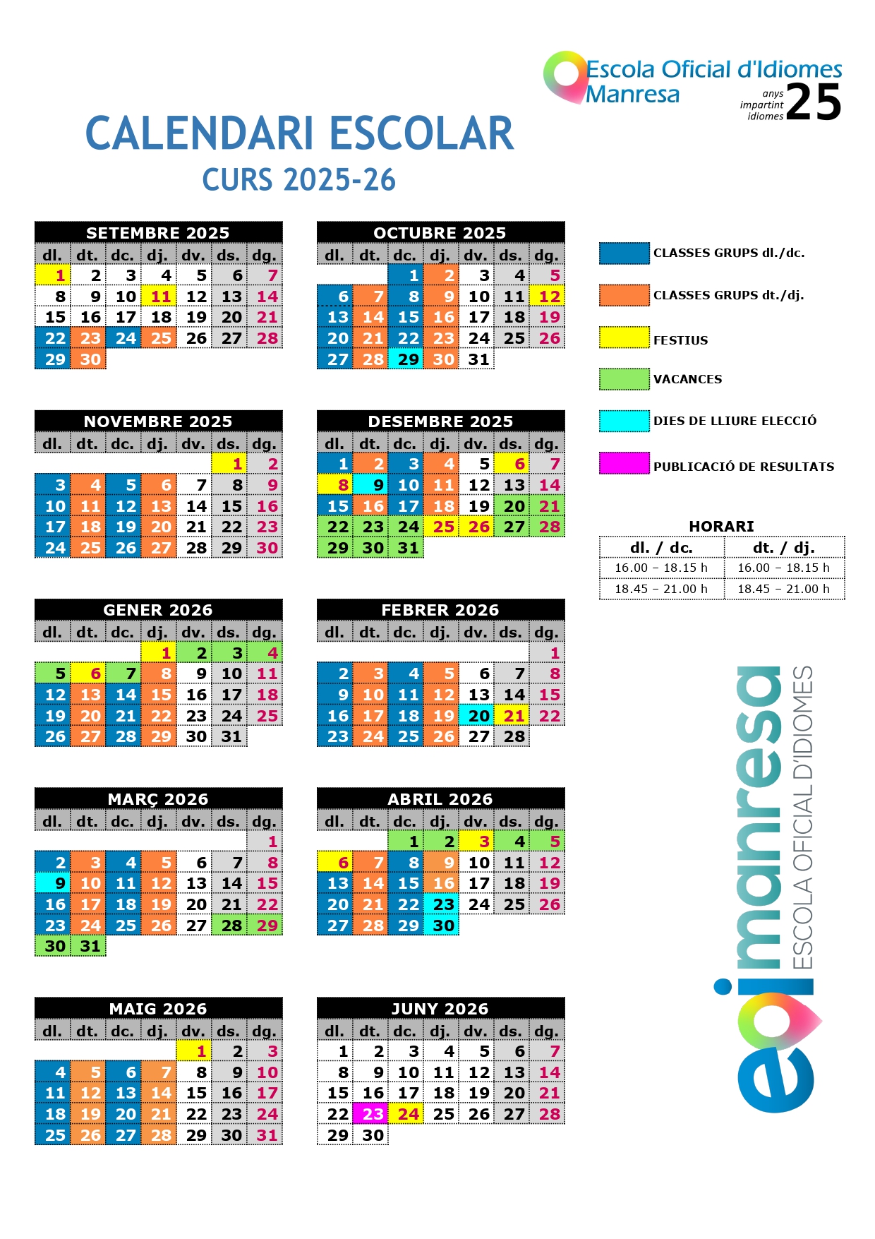 Calendari escolar 2024-25 EOI Manresa