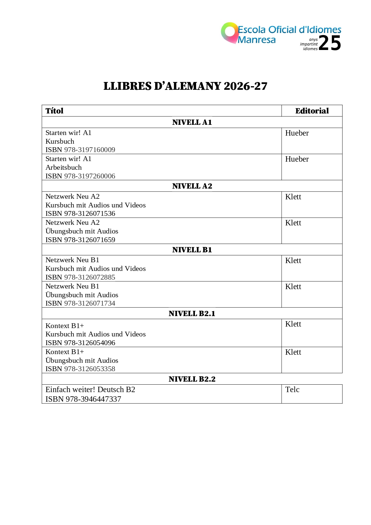 Llibres 2026-27