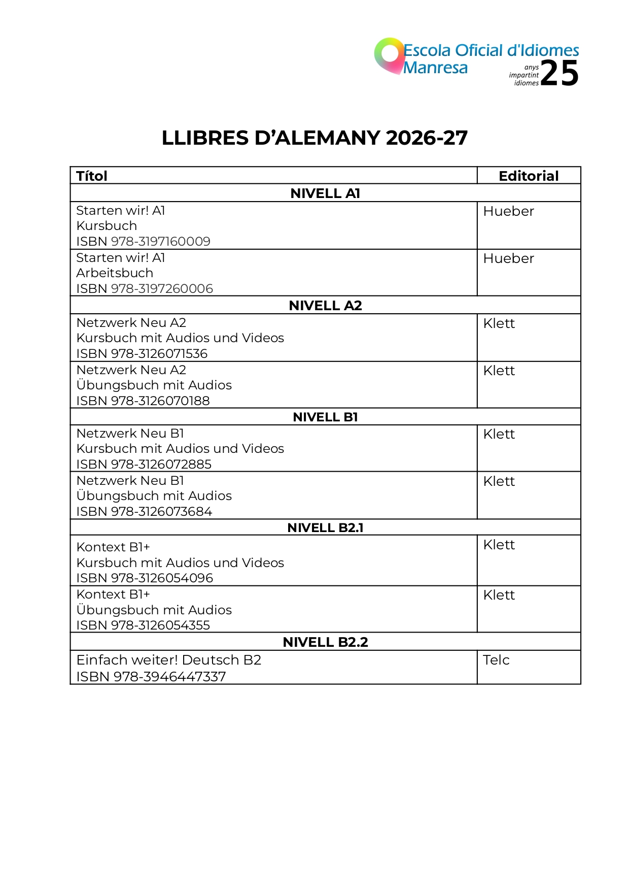 Llibres 2026-27