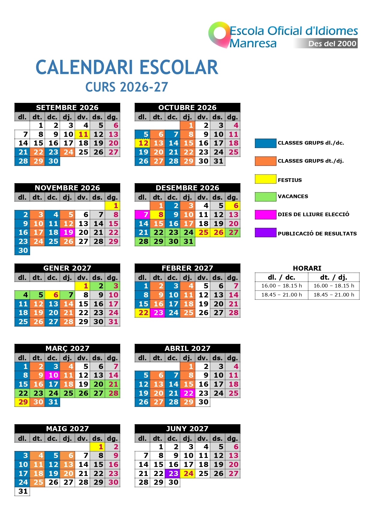 Calendari escolar 2024-25 EOI Manresa