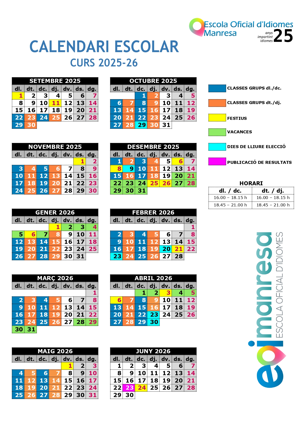 Calendari escolar 2024-25 EOI Manresa
